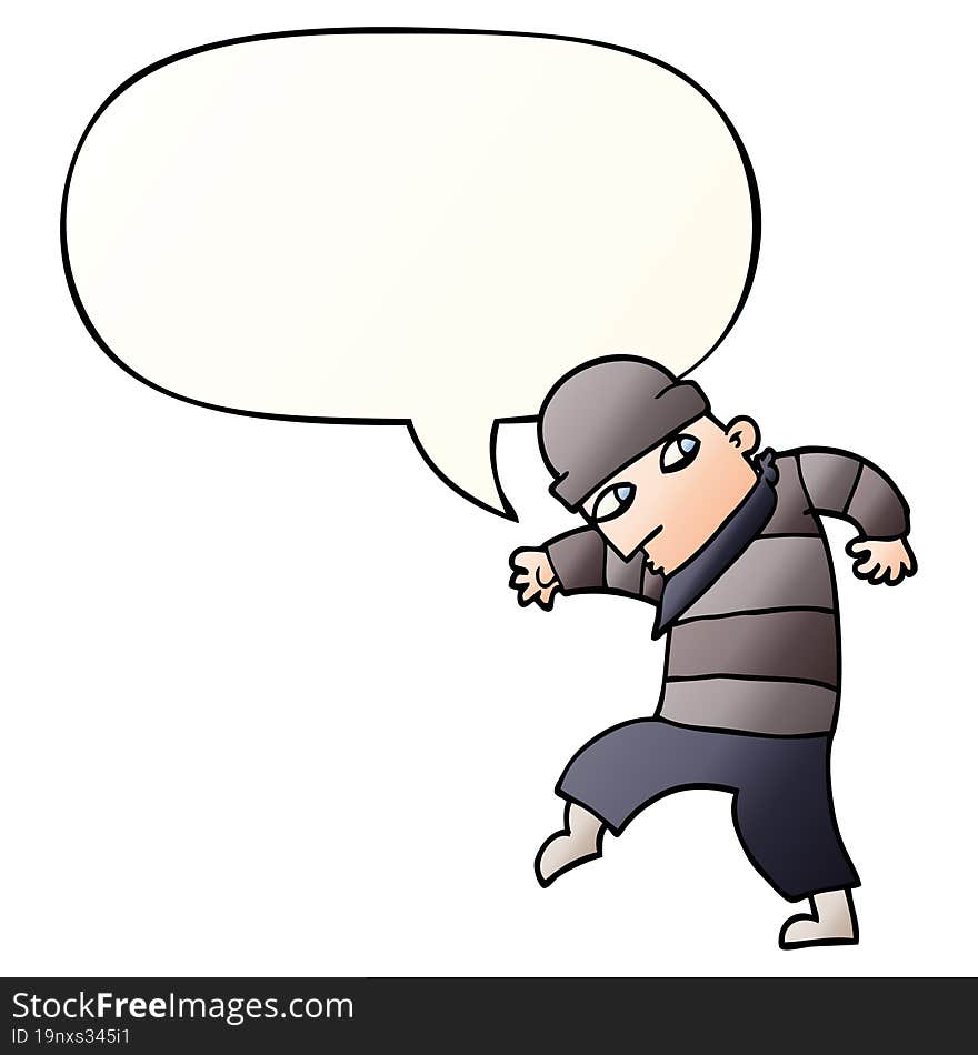 cartoon sneaking thief and speech bubble in smooth gradient style