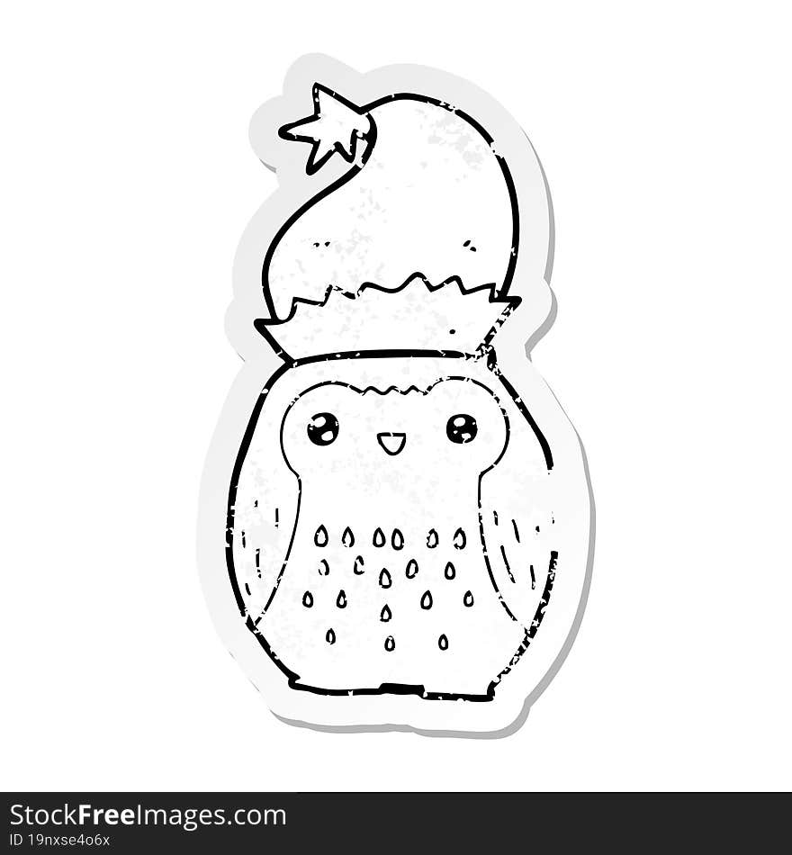 distressed sticker of a cute cartoon owl wearing christmas hat