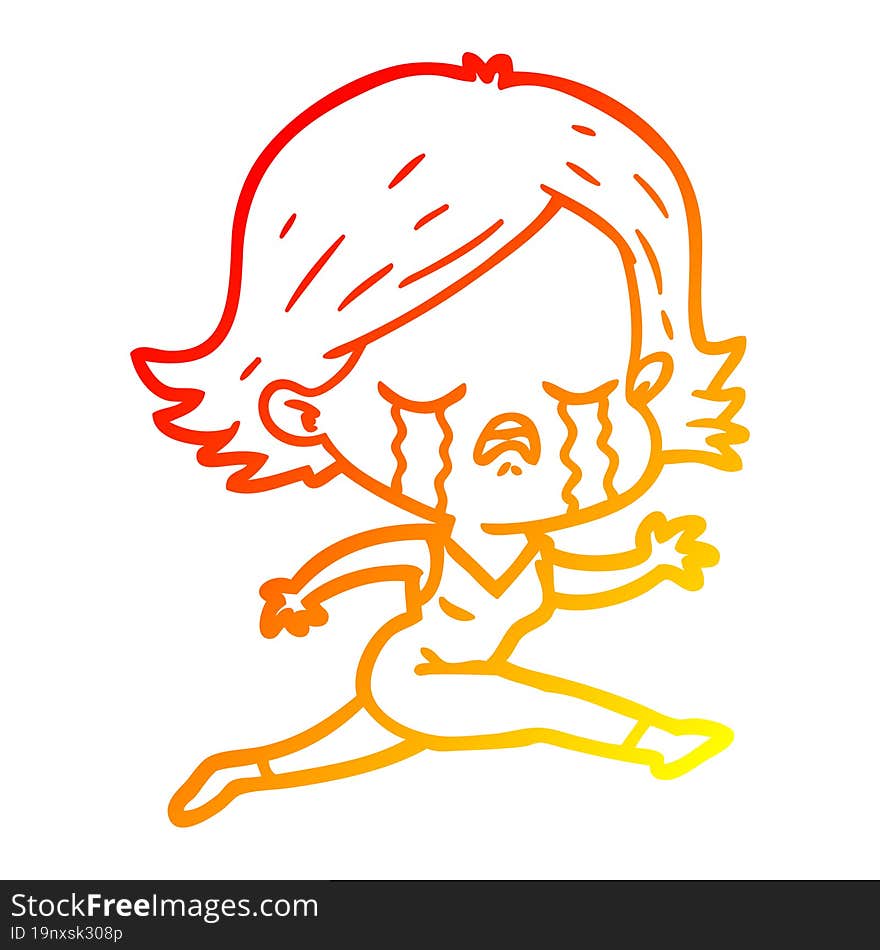 Warm Gradient Line Drawing Cartoon Girl Crying Whilst Running