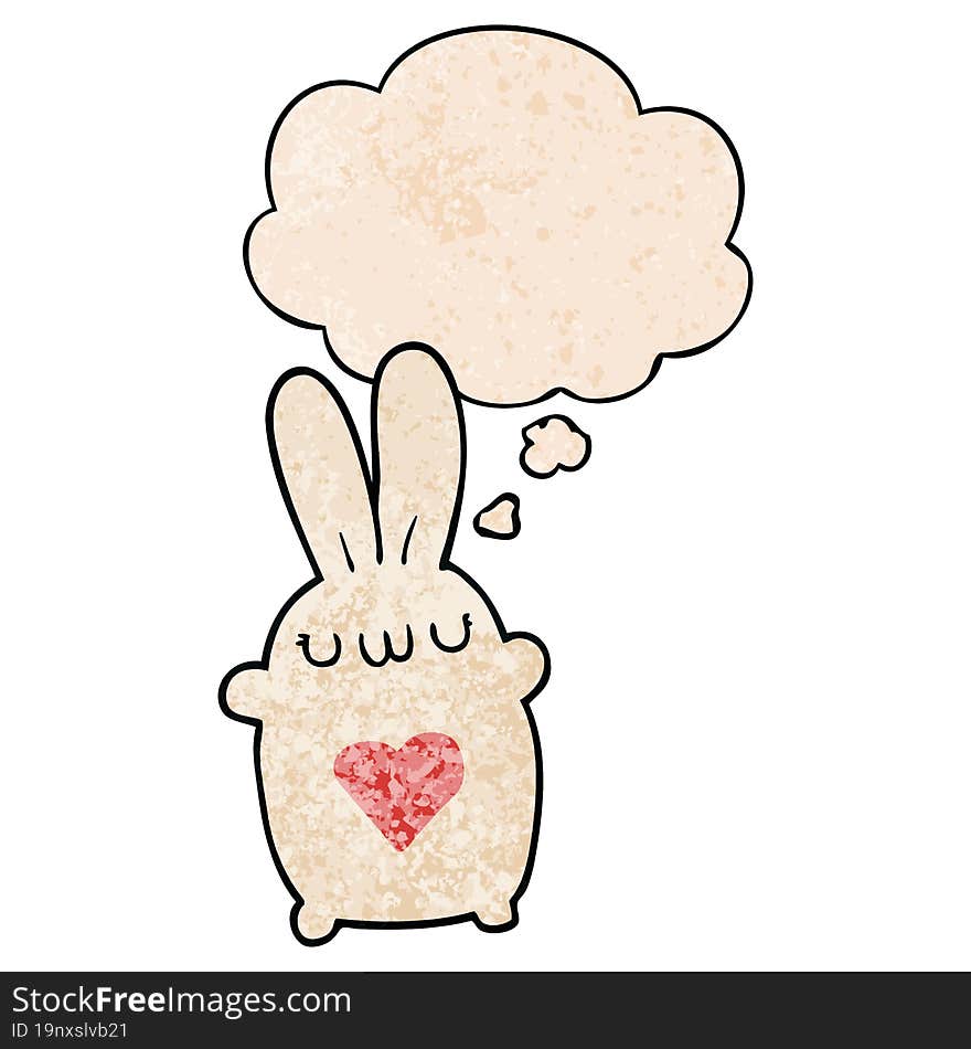 cute cartoon rabbit with love heart with thought bubble in grunge texture style. cute cartoon rabbit with love heart with thought bubble in grunge texture style