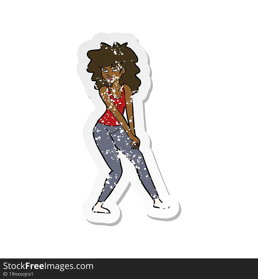 retro distressed sticker of a cartoon woman posing