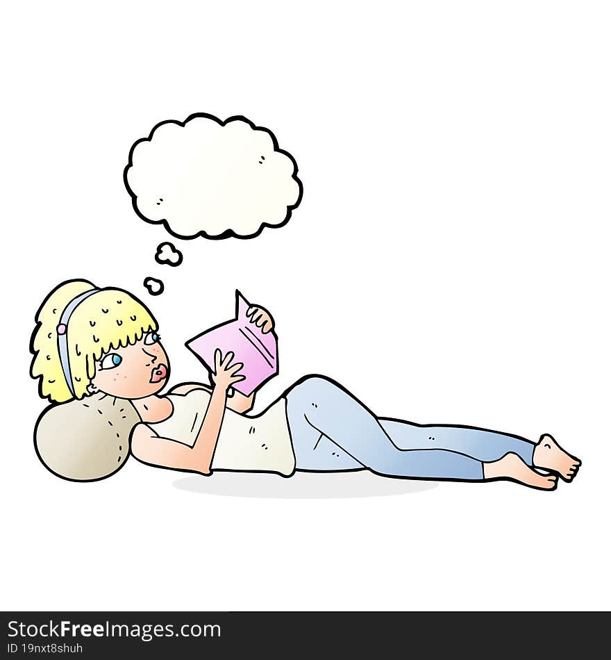 cartoon pretty woman reading book with thought bubble