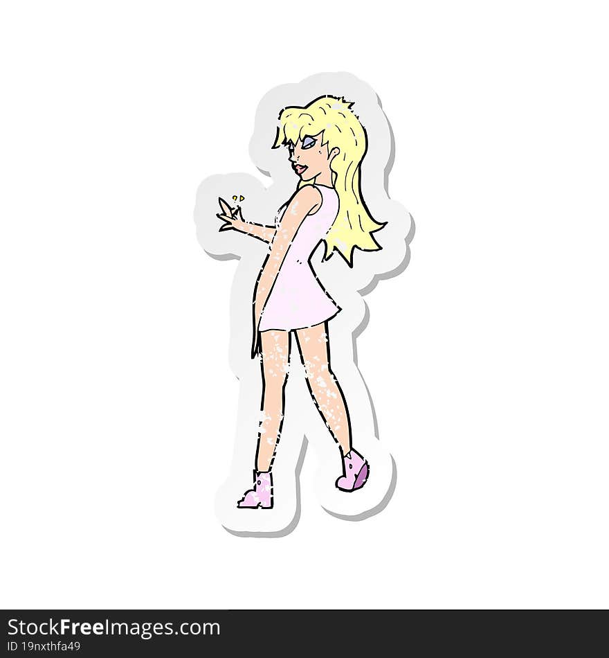 retro distressed sticker of a cartoon woman posing in dress