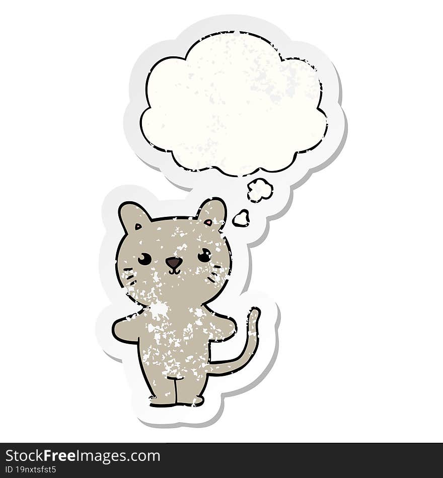 cartoon cat and thought bubble as a distressed worn sticker