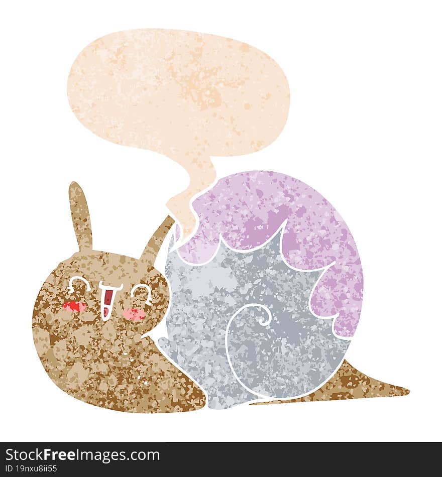 Cute Cartoon Snail And Speech Bubble In Retro Textured Style