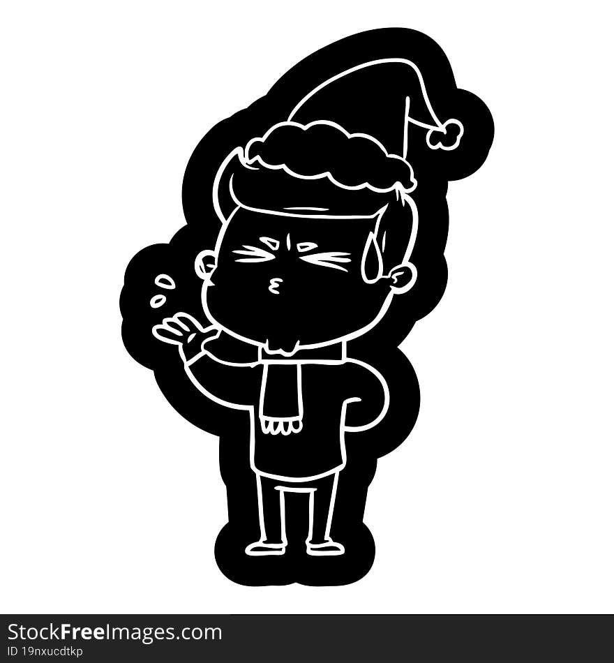 cartoon icon of a man sweating wearing santa hat