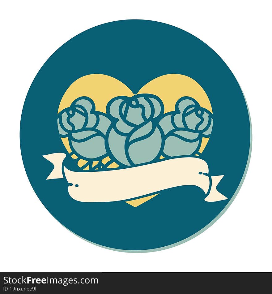 sticker of tattoo in traditional style of a heart and banner with flowers. sticker of tattoo in traditional style of a heart and banner with flowers