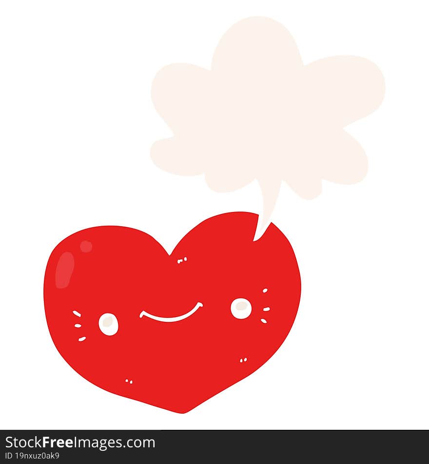 heart cartoon character and speech bubble in retro style