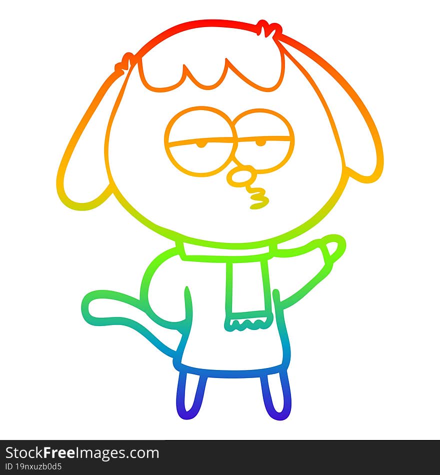 rainbow gradient line drawing cartoon tired dog wearing winter clothes