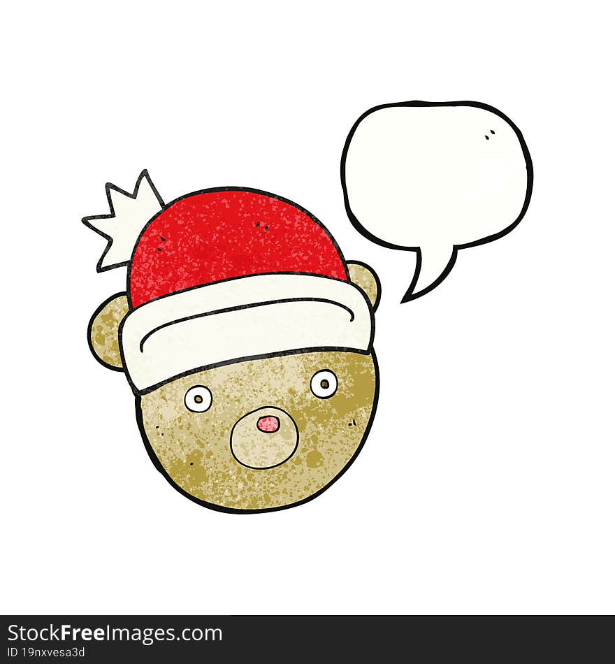 freehand speech bubble textured cartoon teddy bear wearing christmas hat