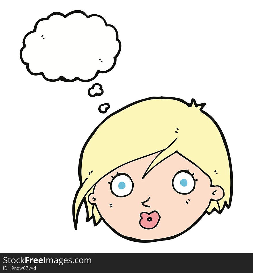 cartoon surprised female face with thought bubble