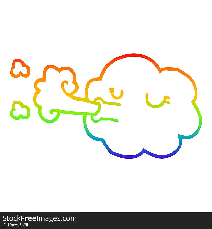 rainbow gradient line drawing of a cartoon cloud blowing a gale