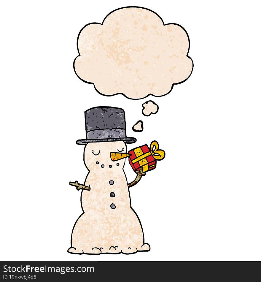 cartoon christmas snowman and thought bubble in grunge texture pattern style