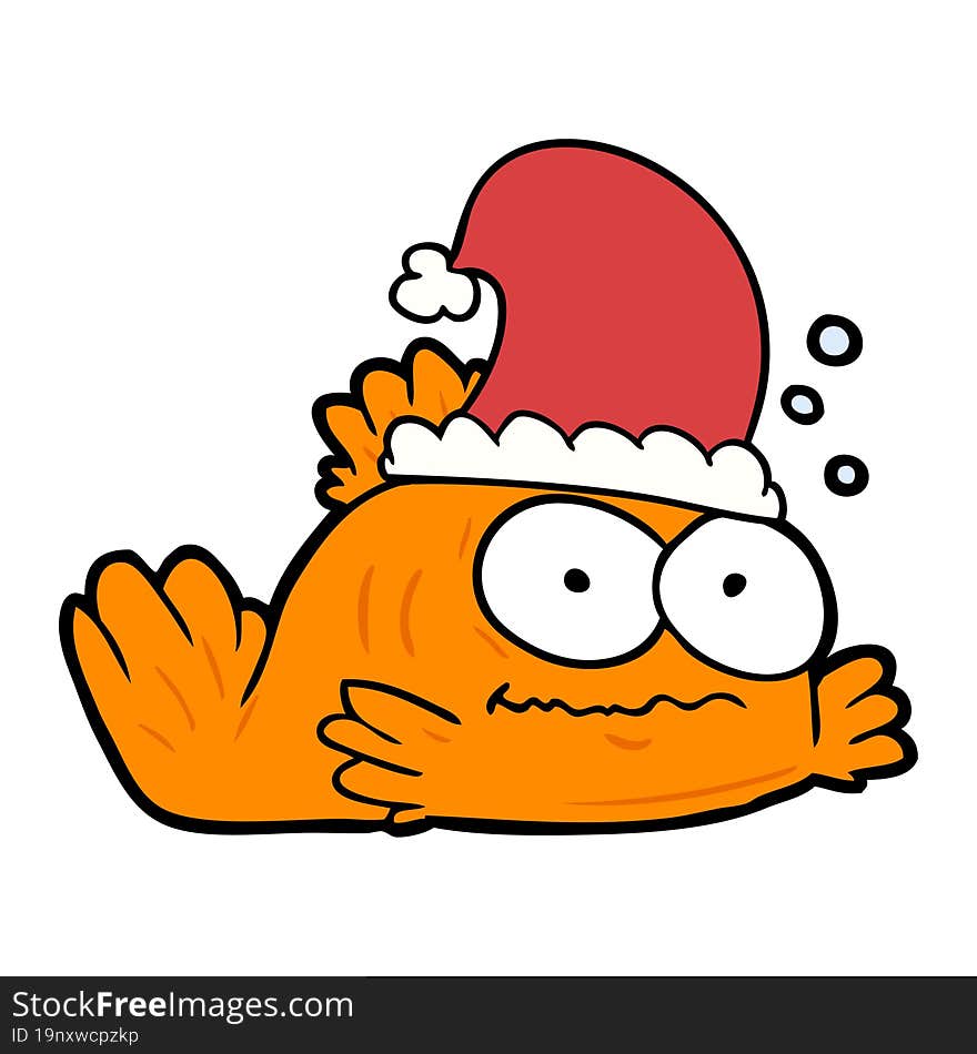 funny cartoon goldfish wearing xmas hat. funny cartoon goldfish wearing xmas hat