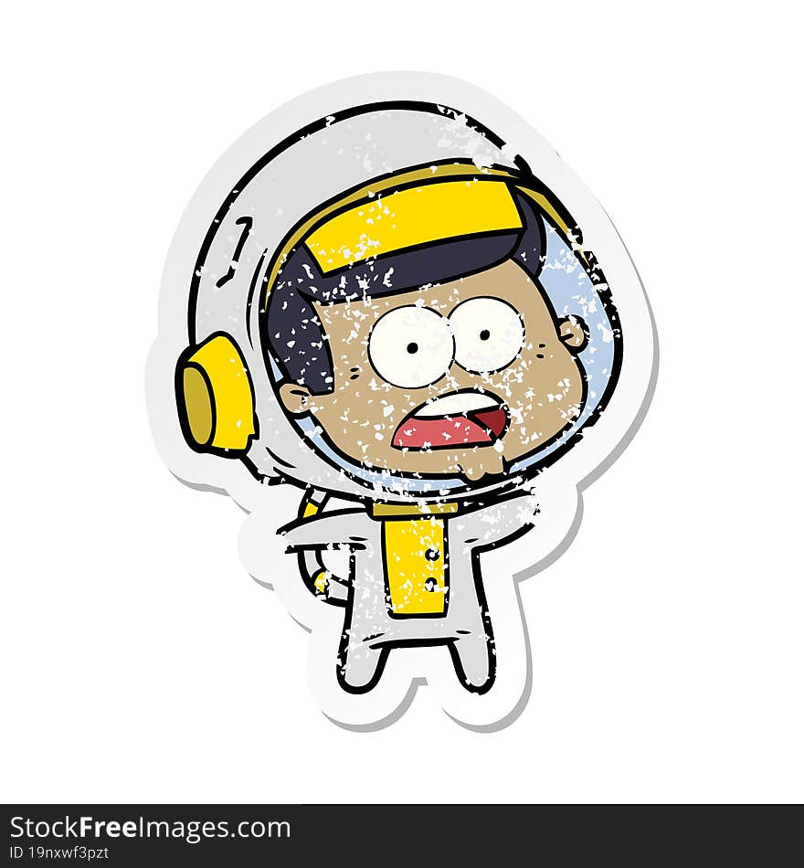 distressed sticker of a cartoon surprised astronaut