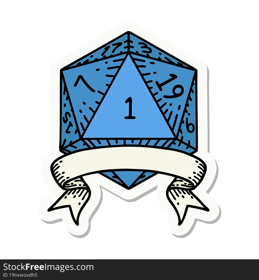 sticker of a natural one d20 dice roll. sticker of a natural one d20 dice roll