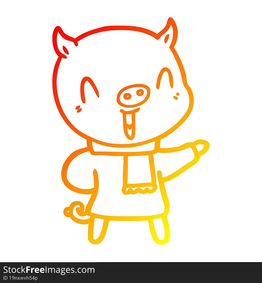 warm gradient line drawing of a happy cartoon pig in winter clothes