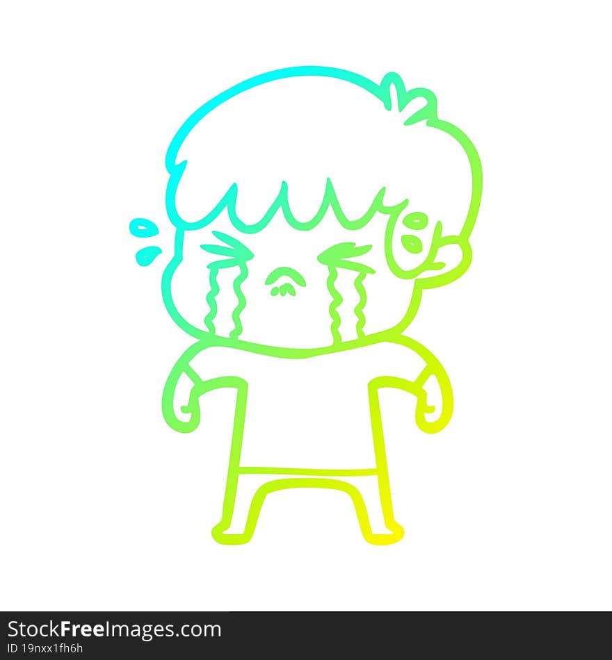 cold gradient line drawing of a cartoon boy crying