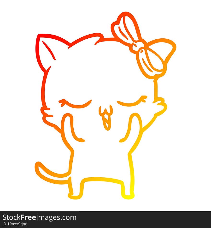 warm gradient line drawing cartoon cat with bow on head