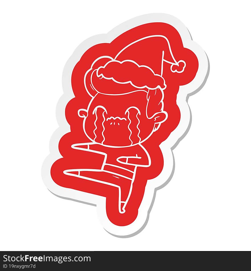 Cartoon  Sticker Of A Man Crying Wearing Santa Hat