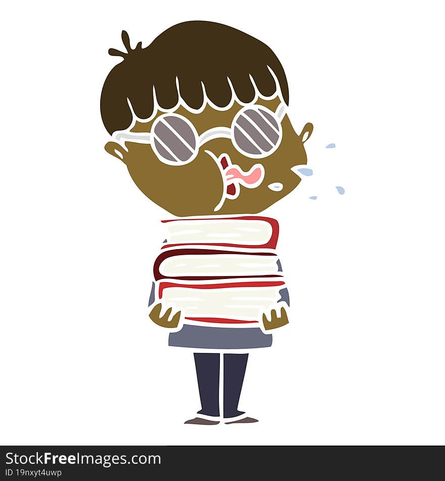 flat color style cartoon boy wearing dark glasses carrying books