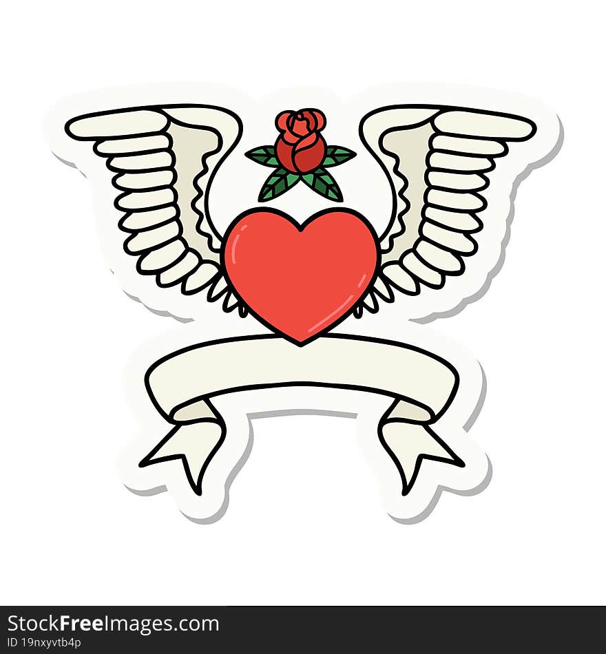 tattoo sticker with banner of a heart with wings