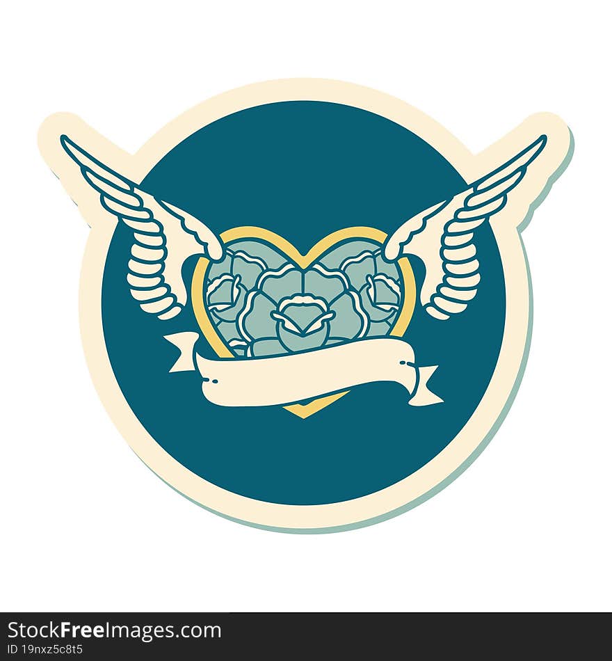 sticker of tattoo in traditional style of a flying heart with flowers and banner. sticker of tattoo in traditional style of a flying heart with flowers and banner