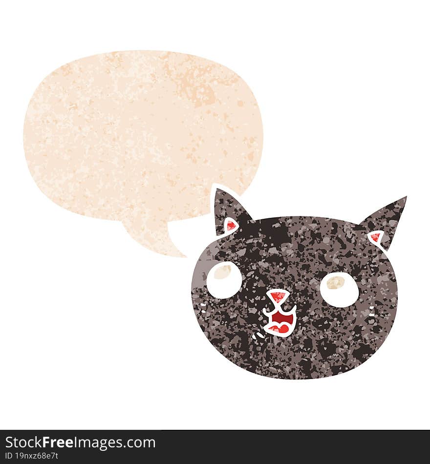 cartoon cat and speech bubble in retro textured style