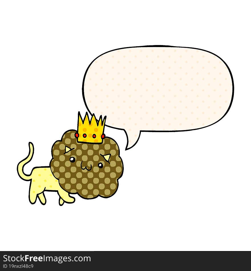 cartoon lion and crown and speech bubble in comic book style