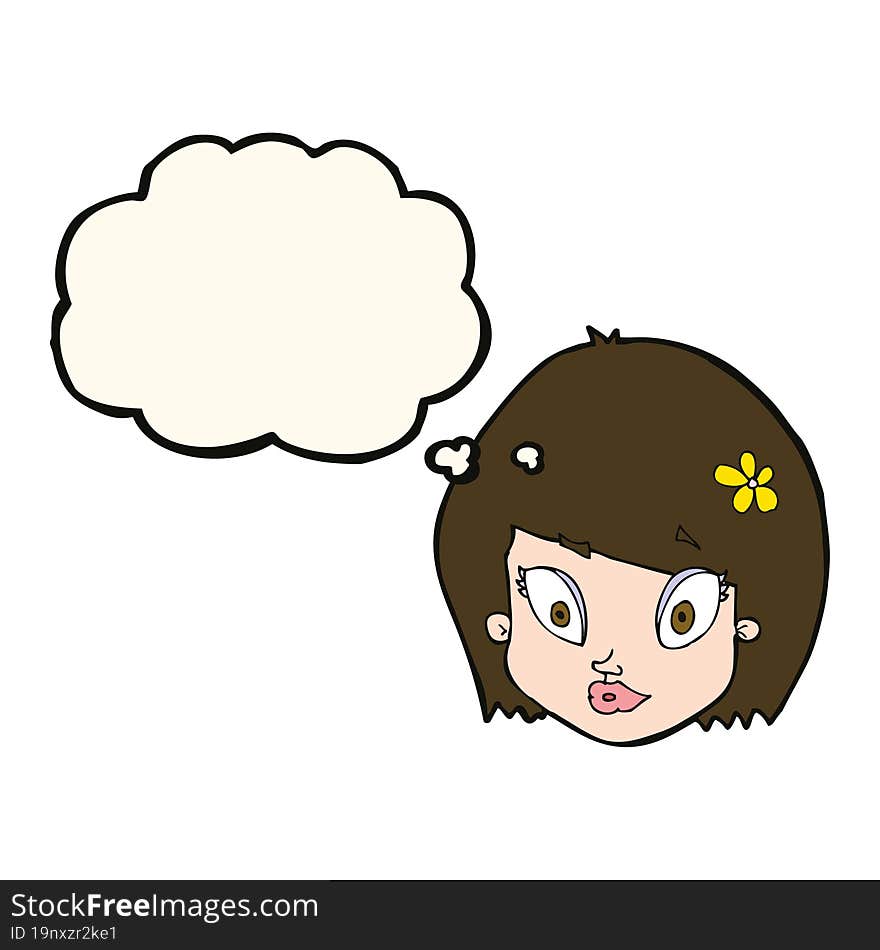 cartoon happy female face with thought bubble