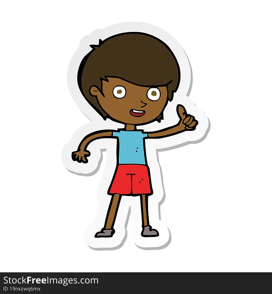 sticker of a cartoon boy giving thumbs up symbol