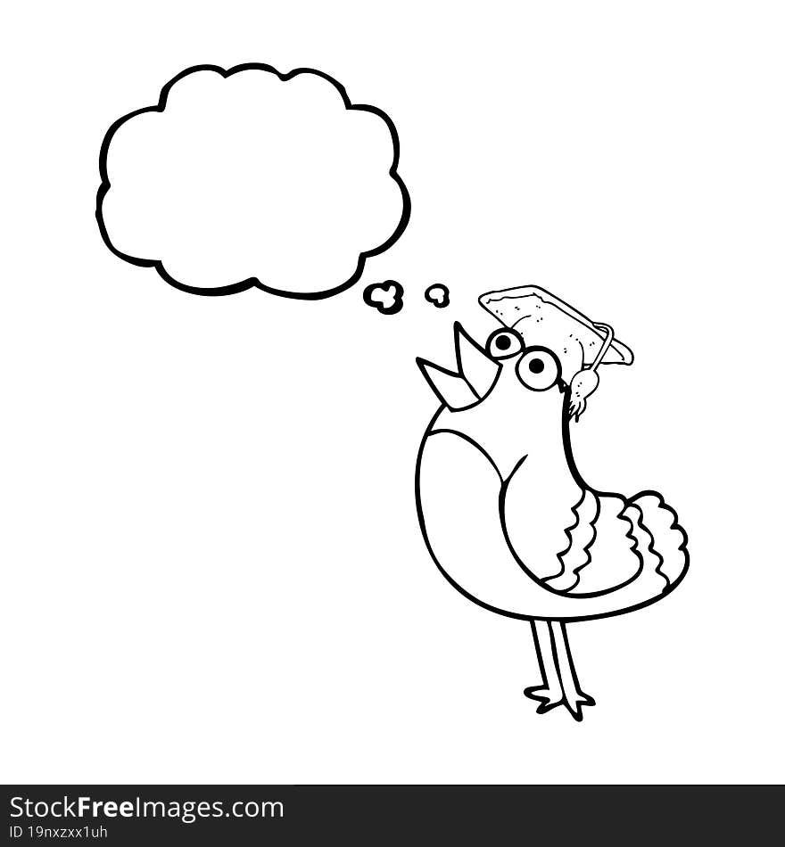 freehand drawn thought bubble cartoon bird wearing graduation cap