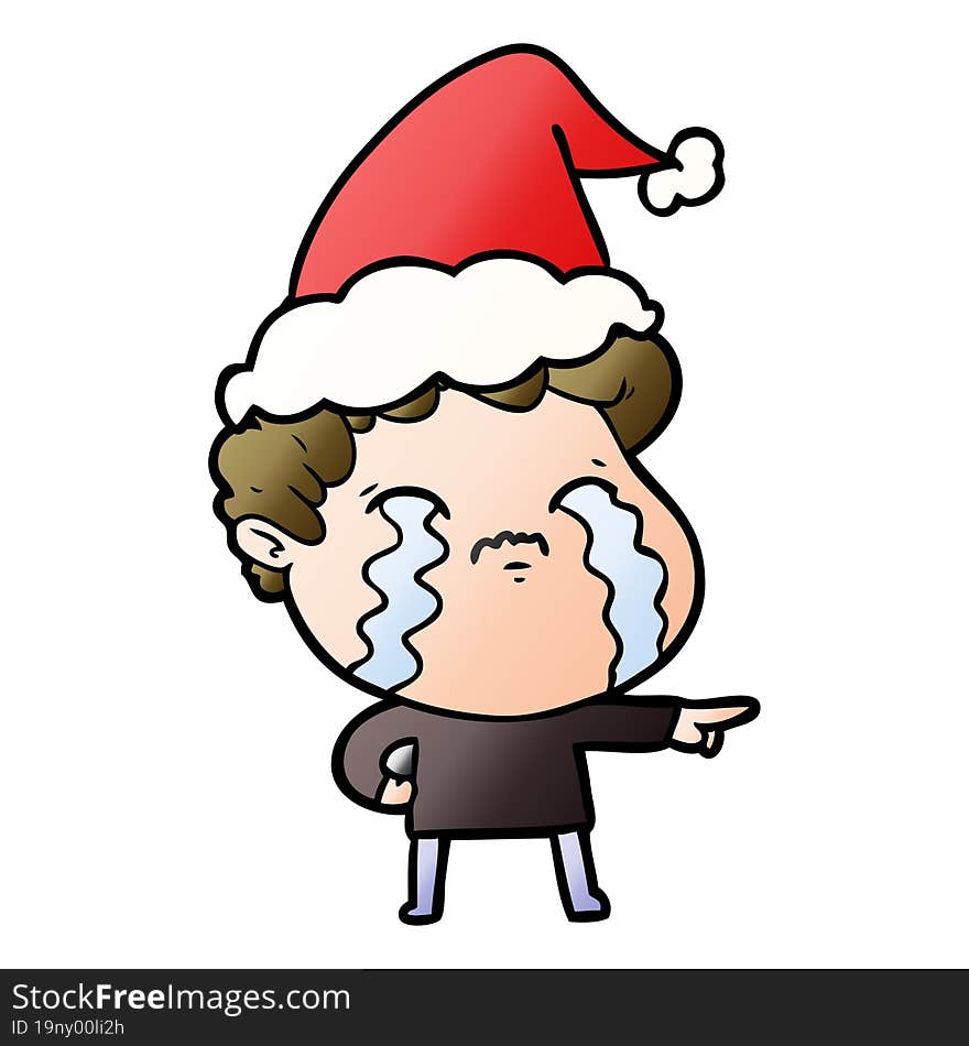 gradient cartoon of a man crying wearing santa hat