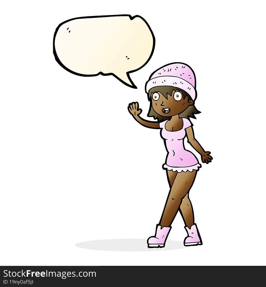 Cartoon Pretty Girl In Hat Waving With Speech Bubble