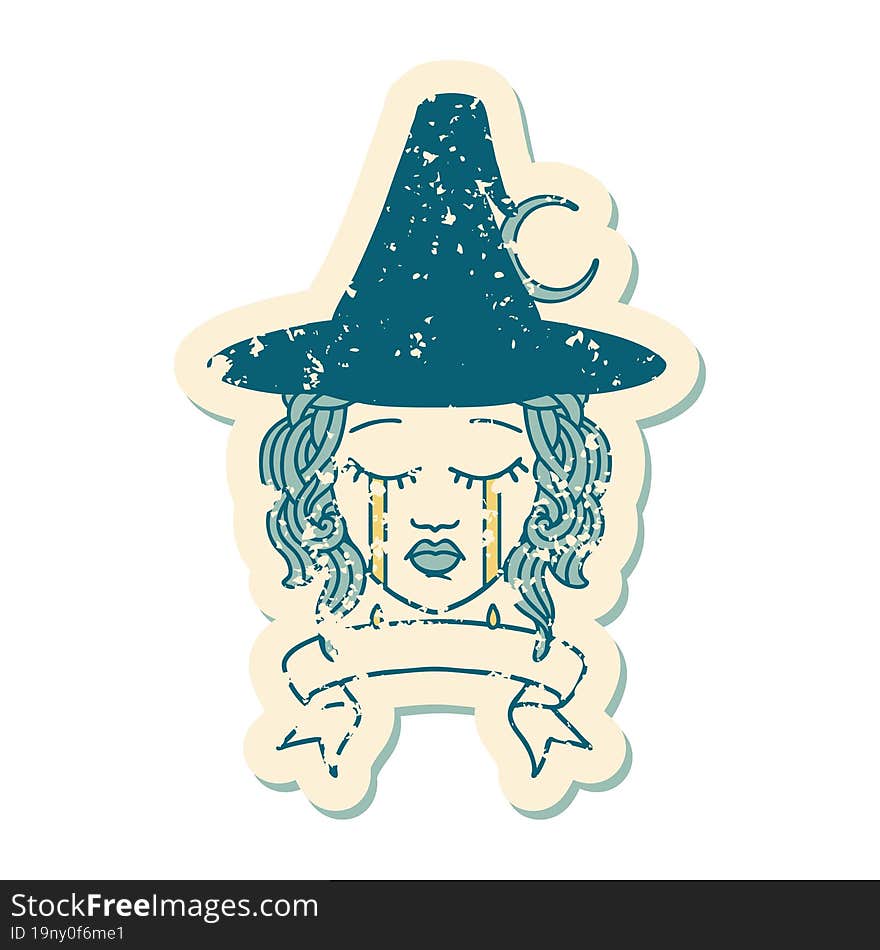 Retro Tattoo Style crying human witch with banner. Retro Tattoo Style crying human witch with banner