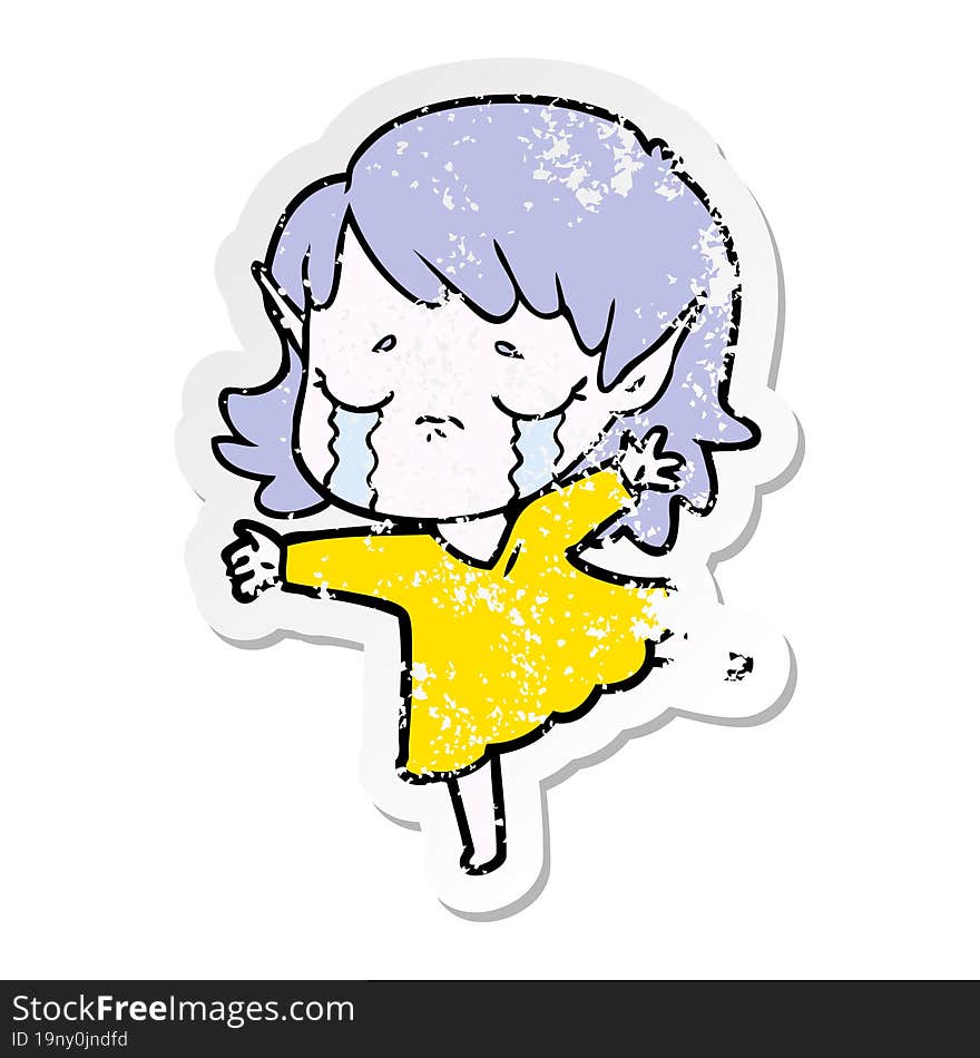 distressed sticker of a cartoon crying elf girl