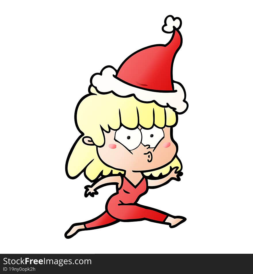 Gradient Cartoon Of A Woman Running Wearing Santa Hat