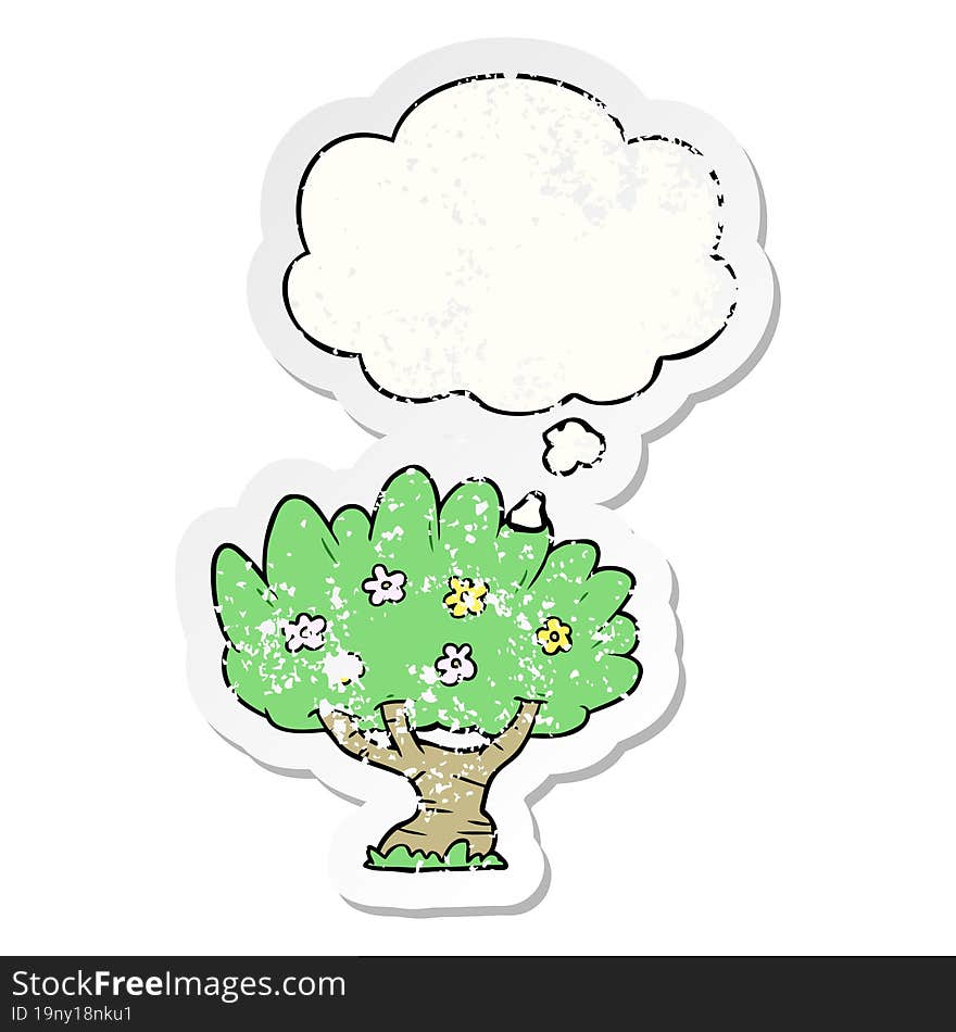 cartoon tree and thought bubble as a distressed worn sticker