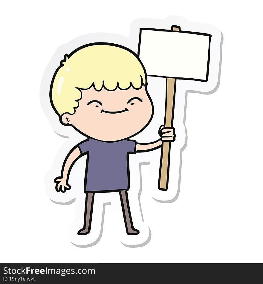 sticker of a cartoon smiling boy with placard