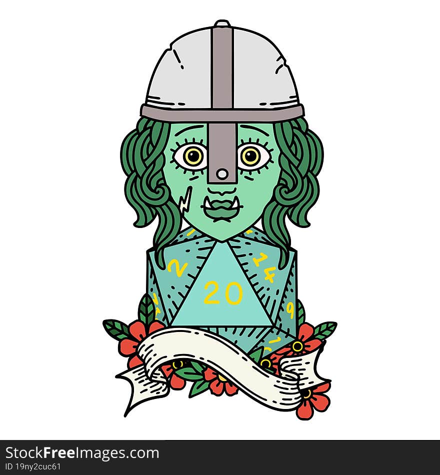 half orc fighter with natural 20 dice roll illustration