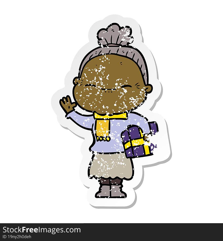 Distressed Sticker Of A Cartoon Peaceful Old Woman