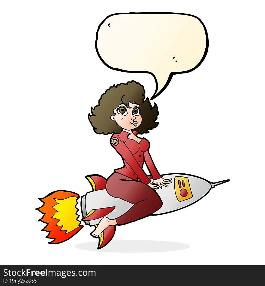 cartoon army pin up girl riding missile with speech bubble