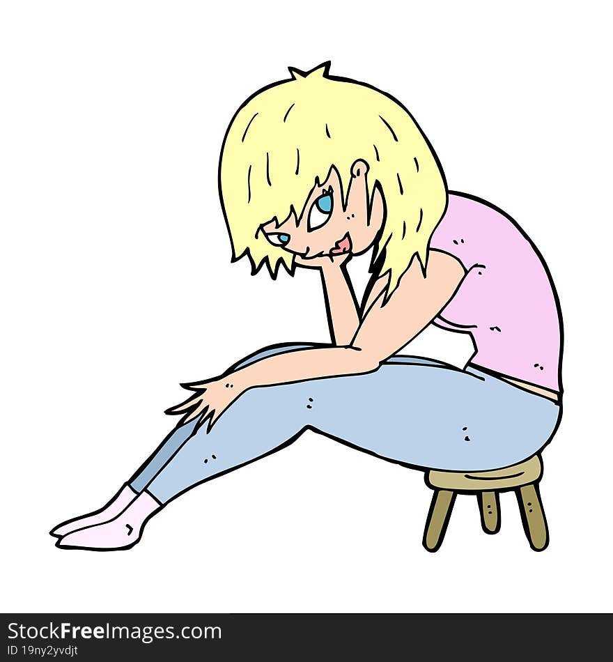 Cartoon Woman Sitting On Small Stool