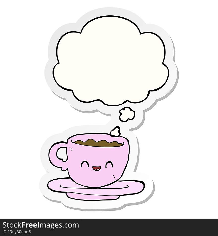 cartoon hot cup of coffee with thought bubble as a printed sticker