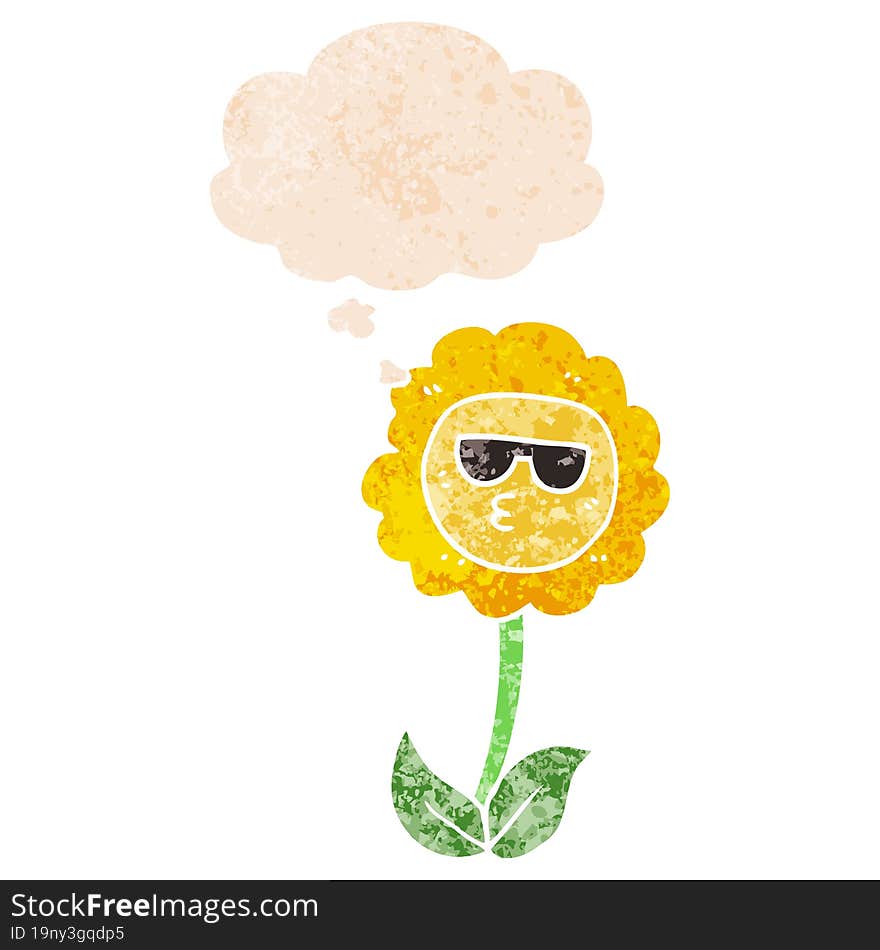 cartoon flower and thought bubble in retro textured style