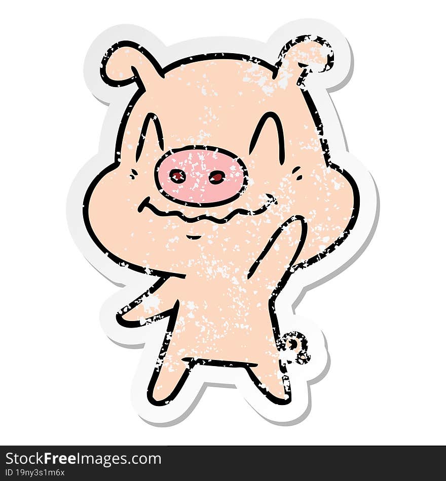 distressed sticker of a nervous cartoon pig waving