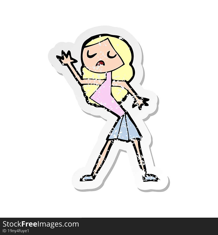 Retro Distressed Sticker Of A Cartoon Woman Dancing