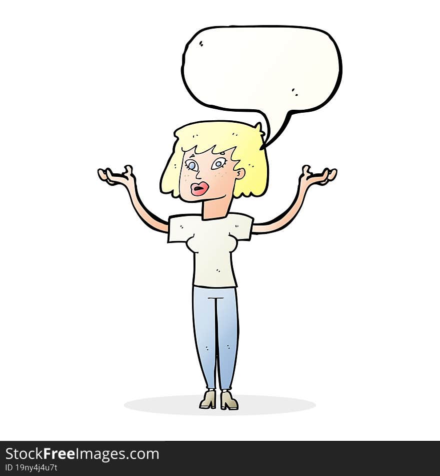 cartoon woman holding up hands with speech bubble