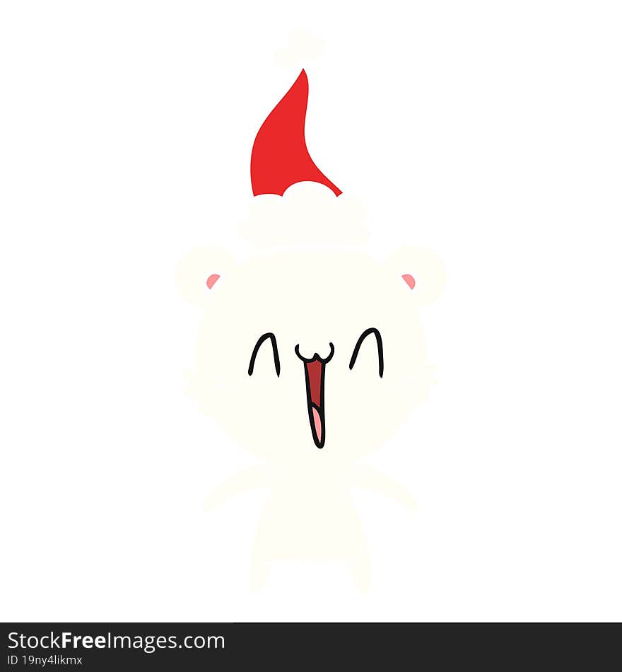 happy polar bear flat color illustration of a wearing santa hat