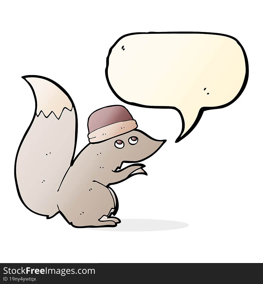 cartoon squirrel wearing hat with speech bubble